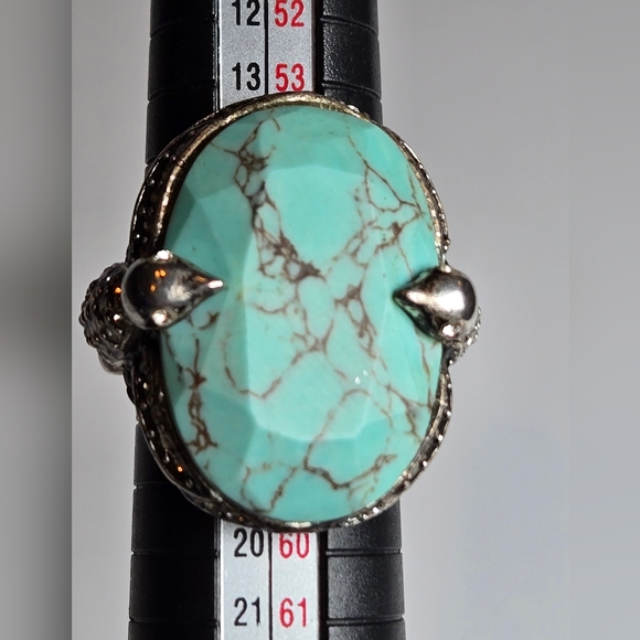 Fossil Chunky Statement Silver Tone Rhinestone Birds Turquoise Color Ring Sz 8 - Picture 11 of 12